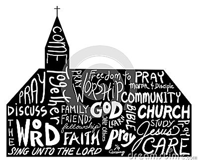 Religious word cloud art in shape of church, church bulletin design Vector Illustration