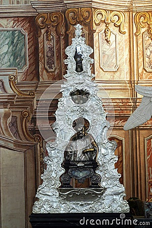 The reliquary with the relics of St. Ignatius Loyola, main altar in the Church of Saint Catherine of Alexandria in Zagreb Stock Photo