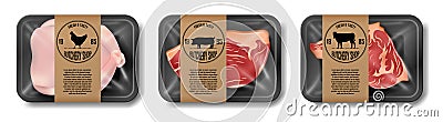 Relistic meat packaging of beef, pork and chicken. Set of supermarket meat package isolated on white. Beef and pork Vector Illustration