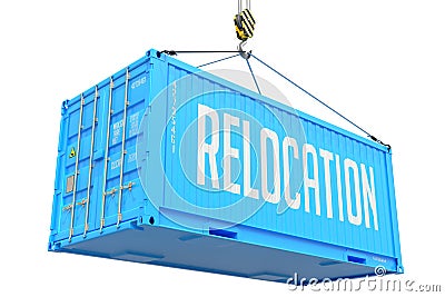 Relocation - Blue Hanging Cargo Container. Stock Photo