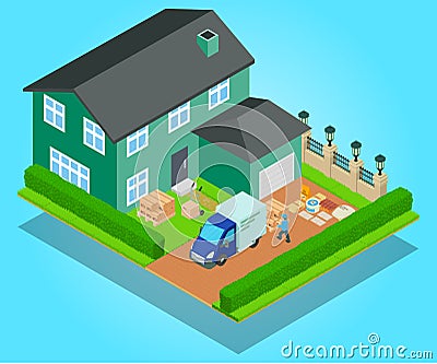 Relocation concept banner, isometric style Vector Illustration