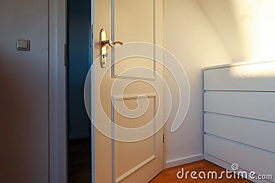 Relocation - Moving to new apartment - Door to modern living room on rooftop floor, Old house to new renovated construction Stock Photo