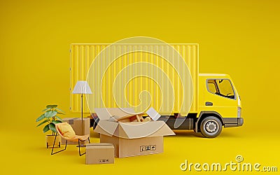 Relocation,Moving to new house service.Truck and furniture in boxes or concept for buying furniture delivery Stock Photo