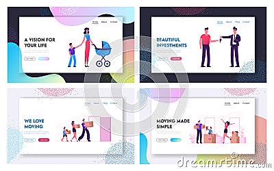 Relocation and Moving to New House Website Landing Page Set. Web Page Banner. Man Selling or Renting House to Couple with Children Vector Illustration