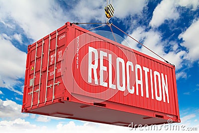 Relocation - Red Hanging Cargo Container. Stock Photo