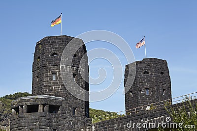 Remagen - The Remagen Bridge with flags of Allies and Germany Editorial Stock Photo