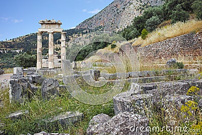 Remainings of Athena Pronaia Sanctuary in Ancient Greek archaeological site of Delphi, Greece Stock Photo