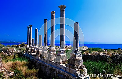 Remains of ancient columns at Al Mina excavation site in Tyre, Lebanon Stock Photo