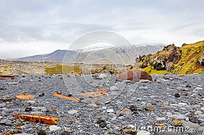 Remains of a boat wreck at the black beach on Iceland Snaefellsnes Stock Photo