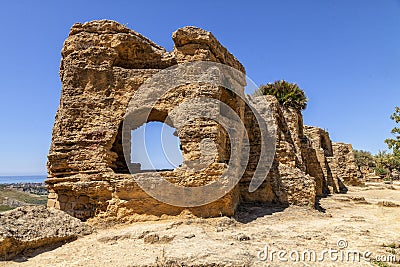 The remains of the city walls of the ancient Greek Akragas .The sea as background. Agrigento, Sicily, Italy Stock Photo