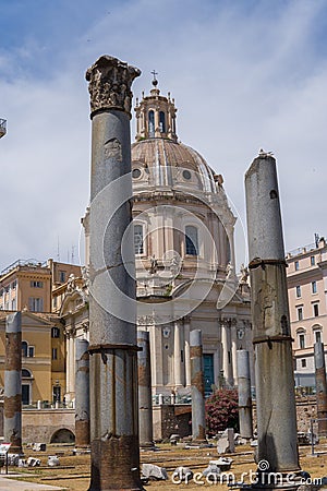 Remains of the columns from the Basilica Ulpia in the Forum of Trajan in Rome Stock Photo