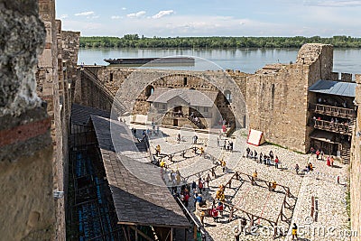 The remains of the fortress wall and the clock tower in the ruins of the Smederevo fortress, standing on the banks of the Danube R Editorial Stock Photo