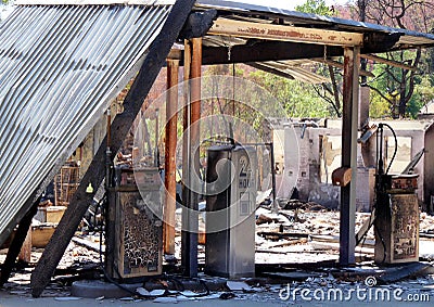 The remains of a fuel and petrol station of the bush fires in Victoria, Australia in 2009 Editorial Stock Photo