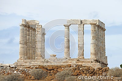 The Remains of a Greek temple dedicated to Poseidon, on the promontory of Cape Sunio ,located on the southern tip of Attica, Stock Photo