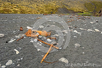 Rusty ship wreck remains on Dritvik beach, Iceland Stock Photo