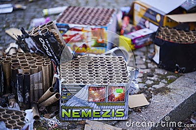Remains of a New Year`s Eve celebration along a street Editorial Stock Photo
