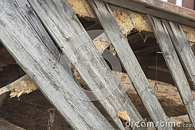 The remains of an old, destroyed roof lie on the ground after the demolition of the barn. Day. Stock Photo