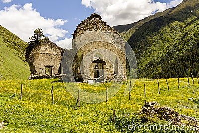 Remains of old ruined georgian church, Dartlo village, Tusheti, Georgia Stock Photo