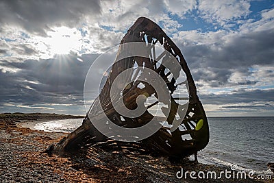 Remains of the old ship at San Gregorio in Magellanes, southern Chile Stock Photo