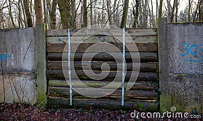 Remains of an old typical Soviet concrete wall. Background image of the wall from earlier positions of the Soviet Red Stock Photo