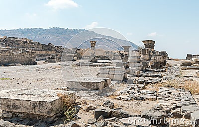 The remains of the palace hall in ruins of the Greek - Roman city of the 3rd century BC - the 8th century AD Hippus - Susita on th Stock Photo