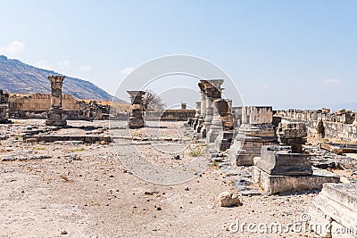 The remains of the palace hall in ruins of the Greek - Roman city of the 3rd century BC - the 8th century AD Hippus - Susita on th Stock Photo