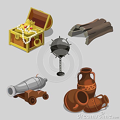 Remains of the ship, cannon, treasure and other Vector Illustration