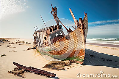 remains of ship run aground on deserted beach, with broken mast and broken hull Stock Photo