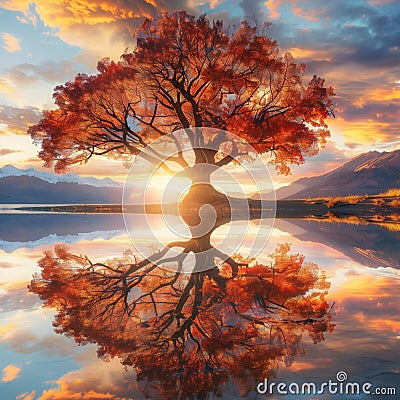 Remarkable landscape of colorful autumn Wanaka Tree reflection on Wanaka Lake Stock Photo