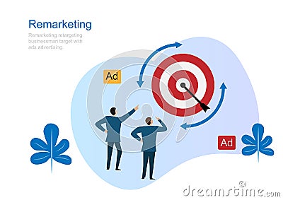 Remarketing retargeting businessman target with ads advertising. Flat style cartoon illustration vector Vector Illustration