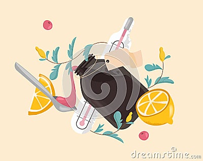 Flu and cold remedies. Remedy natural, homeopathy. Pouring into spoon from bottle of medicine syrup, herbs and lemon. Vector Illustration