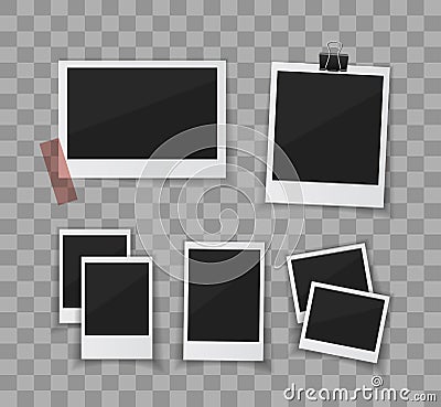 Remember every moment. Set Vector photos sticked down with paper tape or paperclip. Retro fotos on transparent Vector Illustration