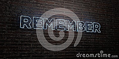 REMEMBER -Realistic Neon Sign on Brick Wall background - 3D rendered royalty free stock image Stock Photo