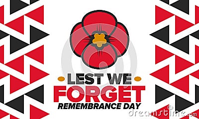 Remembrance Day. Lest we Forget. Remembrance poppy. Poppy day. Memorial day to honour armed forces members. Red poppy. Vector Vector Illustration