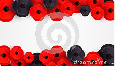 Remembrance, Anzac Day web header. Poppies flowers. Memorial banner, card. Vector Illustration