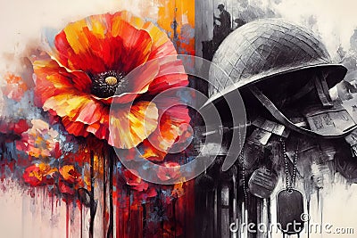 Remembrance Day, Armistice Day, Anzac day background with soldier helmet, ammunition and wild red poppies flowers Stock Photo