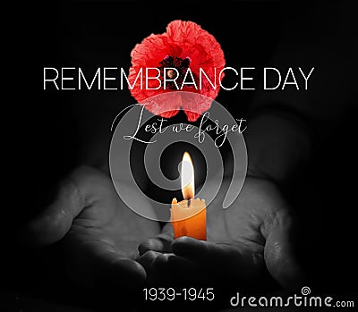 Remembrance Day Banner Template. Red Poppy over Burning Candle in the Human Hands. Stock Photo