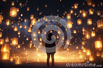 Remembrance Wall of Floating Lanterns A Stock Photo