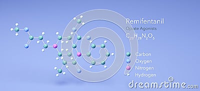 remifentanil molecule, molecular structures, opiate agonists, 3d model, Structural Chemical Formula and Atoms with Color Coding Stock Photo