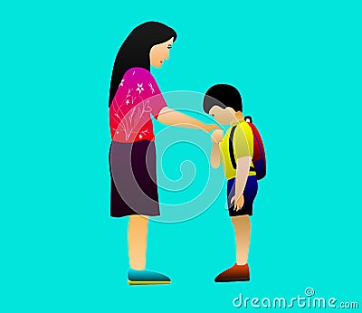 Taking permission to mom before going to school Stock Photo
