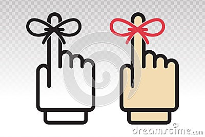 Reminder hand with tied ribbon to finger -vector flat icon on a transparent background Vector Illustration