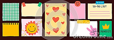 Reminder stickers. Cute paper notes. Notebook memo pages attached with adhesive tape. School doodle notepad or diary Vector Illustration