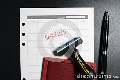 Reminder to cancel business appointment. Cancelled business document. Business cancelled rejected abort declined cancellation deni Stock Photo