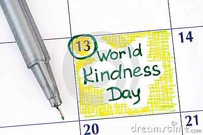 Reminder World Kindness Day in calendar with green pen Stock Photo