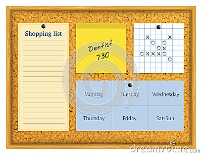 Reminders and organizer pinned to a cork notice board with push pins. Vector. Vector Illustration