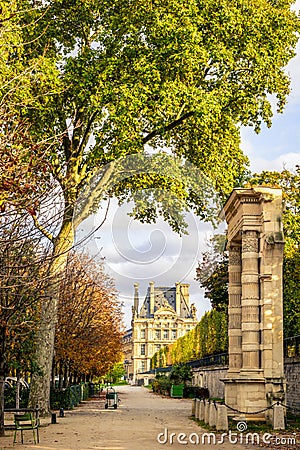 A remnant of the Tuileries palace in the Tuileries garden in Paris, France, and the Louvre palace in autumn Stock Photo