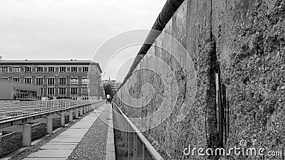 Remnants of Berlin Wall at Niederkirchnerstrasse. Black and white. Editorial Stock Photo