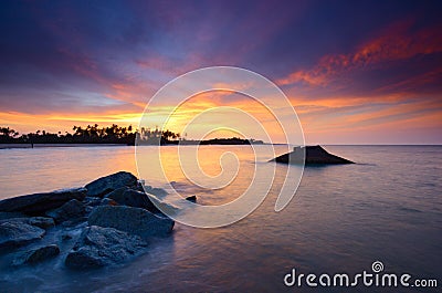 The remnants of old military fortress from world wor II at Kuala Dasar Sabak Beach in Kelantan Malaysia during sunset. Stock Photo