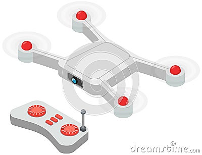 Remote aerial quadcopter controlled by remote control with camera taking photography or video recording. Vector Illustration