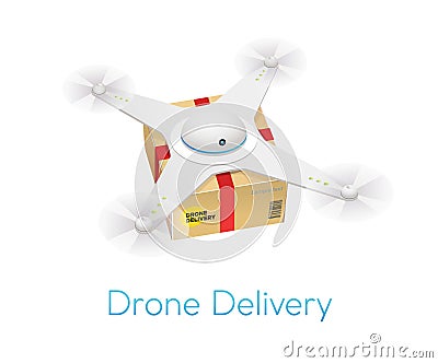 Remote air white modern drone with a box Vector Illustration